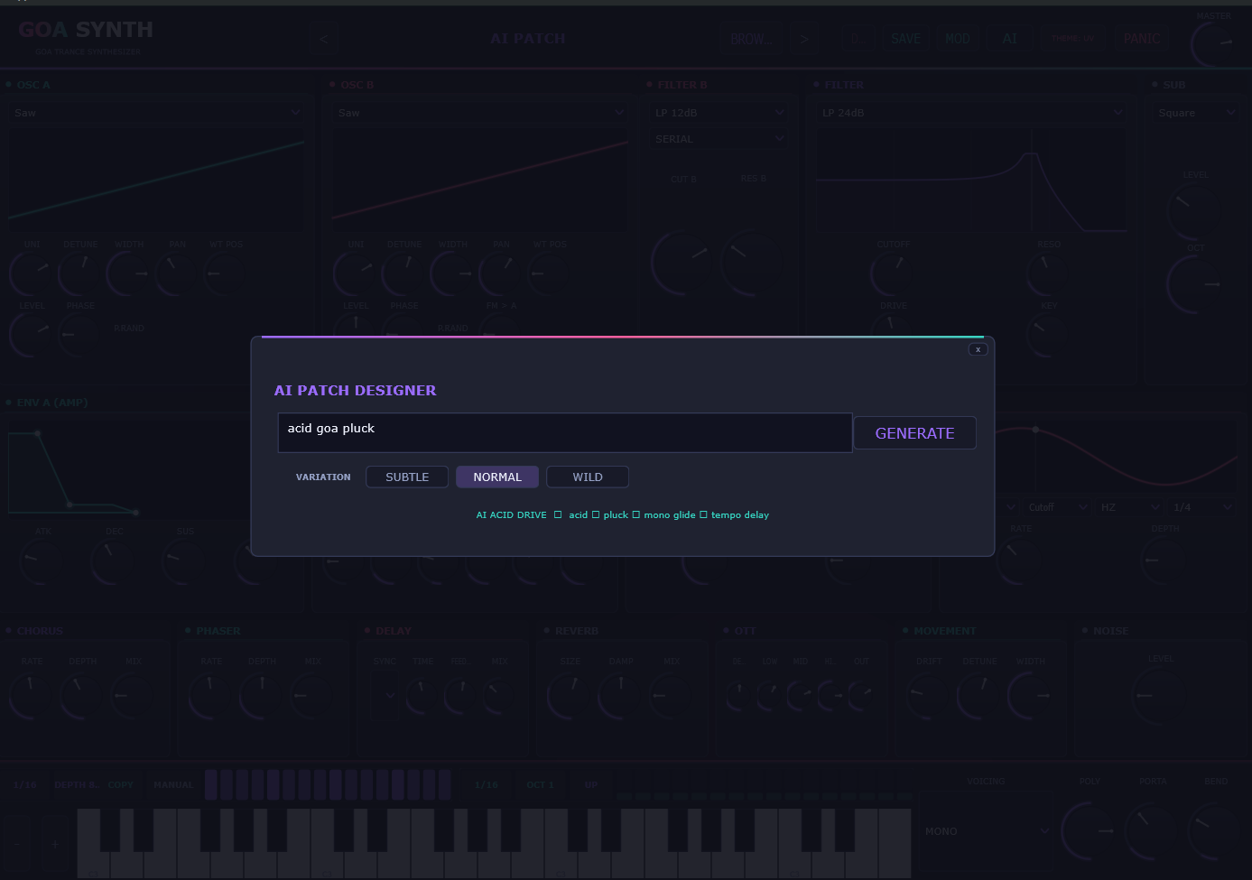 The AI Patch Designer overlay: a prompt box containing 'acid goa pluck', a GENERATE button, SUBTLE / NORMAL / WILD variation buttons and a row of keyword chips.