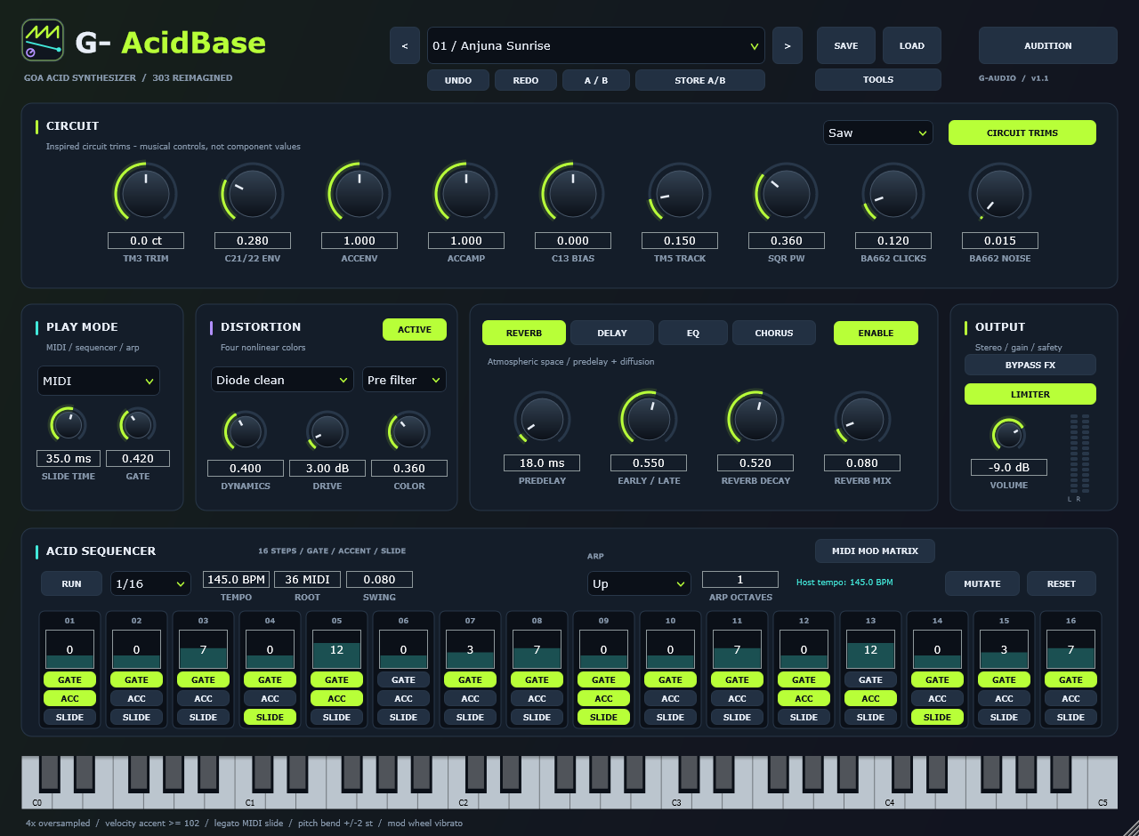 The G-AcidBase circuit trims page: additional filter and amplifier trim controls laid out in the same panel grid as the main interface.
