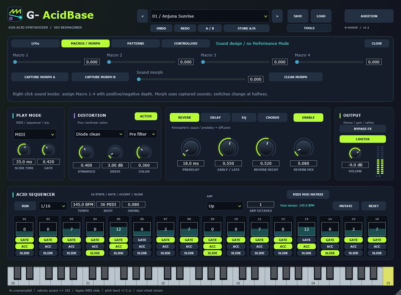 The G-AcidBase tools page showing the pattern generator with scale, density and variation controls, pattern banks and the pattern chain editor.
