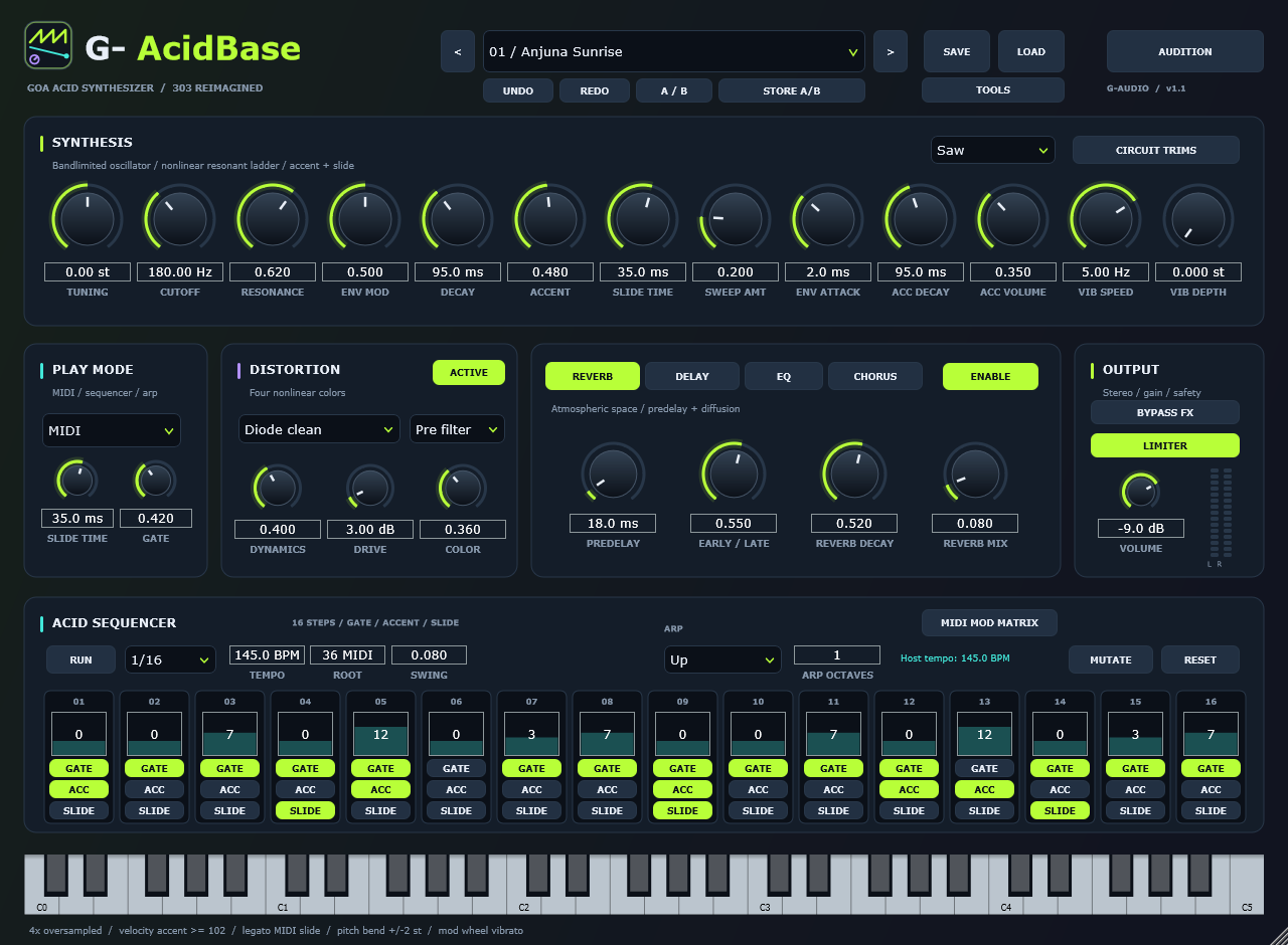 G-AcidBase with synthesis, distortion, reverb, output controls and its 16-step acid sequencer.