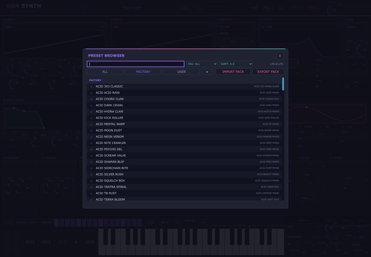 The GoaSynth preset browser overlay: a search box, TAG and SORT dropdowns, a live preset count, ALL / FACTORY / USER tabs with a favourites star tab, and a grouped list of factory presets showing a star column and each patch's tags.