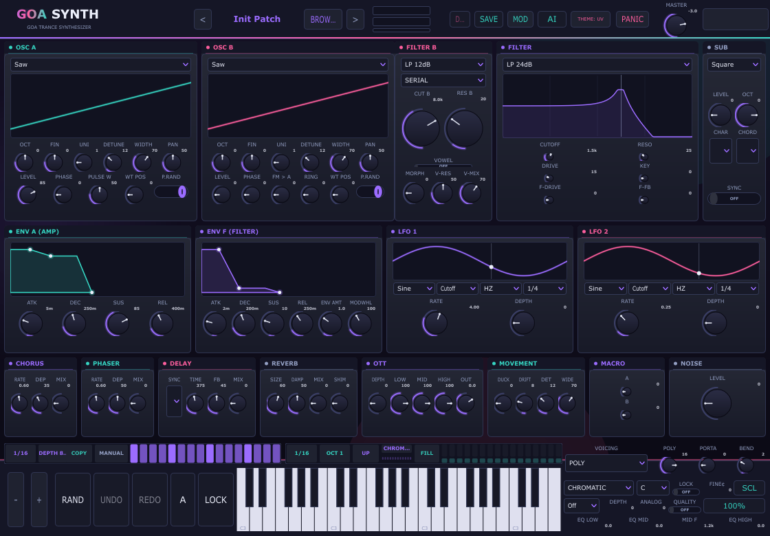 GoaSynth in its UV GOA skin: oscillators, filters, modulation, effects, trancegate, arp and keyboard.
